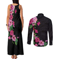 Hawaiian Hibiscus and Art Polynesian Tattoo Couples Matching Tank Maxi Dress and Long Sleeve Button Shirt Black Color