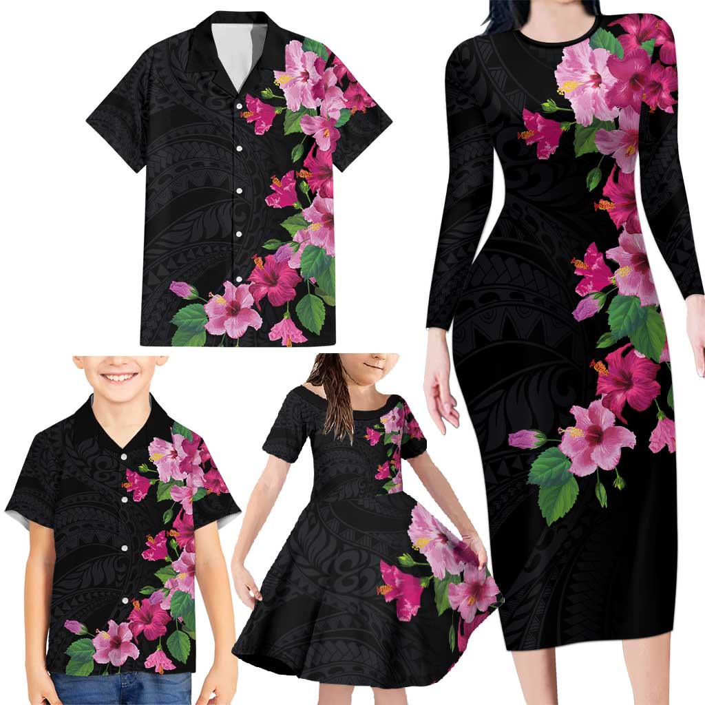 Hawaiian Hibiscus and Art Polynesian Tattoo Family Matching Long Sleeve Bodycon Dress and Hawaiian Shirt Black Color
