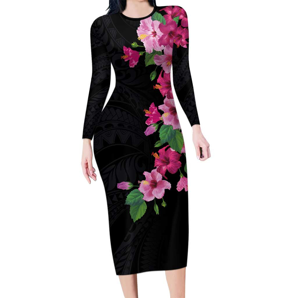 Hawaiian Hibiscus and Art Polynesian Tattoo Family Matching Long Sleeve Bodycon Dress and Hawaiian Shirt Black Color
