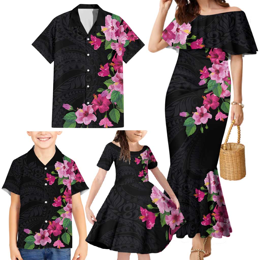 Hawaiian Hibiscus and Art Polynesian Tattoo Family Matching Mermaid Dress and Hawaiian Shirt Black Color LT03 - Polynesian Pride