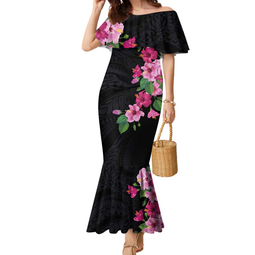 Hawaiian Hibiscus and Art Polynesian Tattoo Family Matching Mermaid Dress and Hawaiian Shirt Black Color LT03 Mom's Dress Black - Polynesian Pride