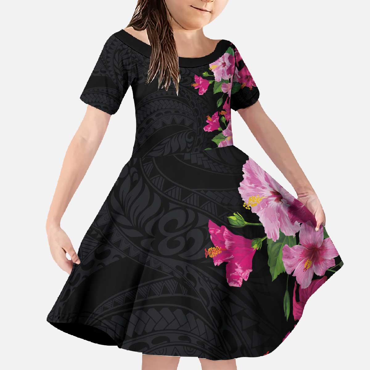 Hawaiian Hibiscus and Art Polynesian Tattoo Family Matching Off The Shoulder Long Sleeve Dress and Hawaiian Shirt Black Color