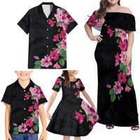 Hawaiian Hibiscus and Art Polynesian Tattoo Family Matching Off Shoulder Maxi Dress and Hawaiian Shirt Black Color LT03 - Polynesian Pride