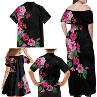 Hawaiian Hibiscus and Art Polynesian Tattoo Family Matching Off Shoulder Maxi Dress and Hawaiian Shirt Black Color LT03 - Polynesian Pride