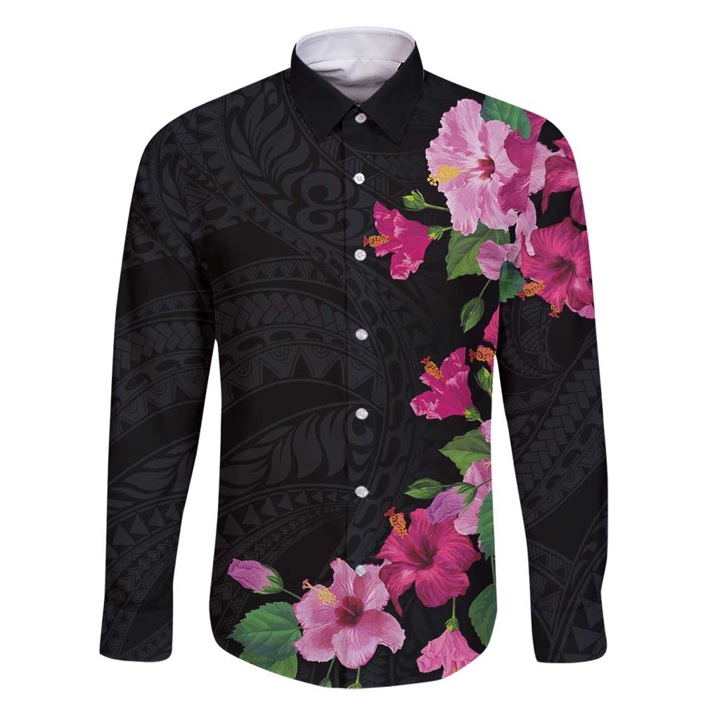 Hawaiian Hibiscus and Art Polynesian Tattoo Family Matching Off Shoulder Maxi Dress and Hawaiian Shirt Black Color LT03 Dad's Shirt - Long Sleeve Black - Polynesian Pride