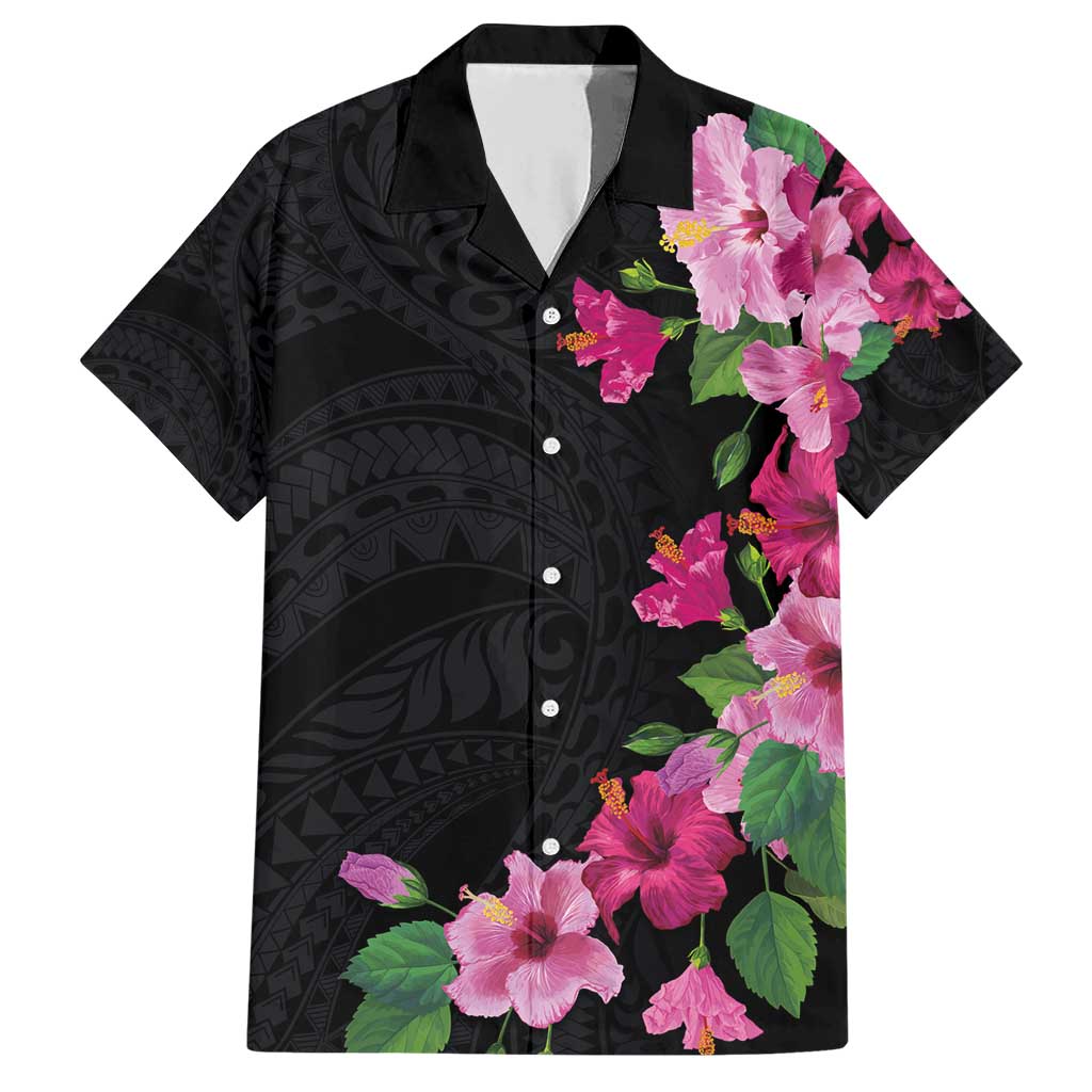 Hawaiian Hibiscus and Art Polynesian Tattoo Family Matching Short Sleeve Bodycon Dress and Hawaiian Shirt Black Color