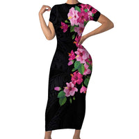 Hawaiian Hibiscus and Art Polynesian Tattoo Family Matching Short Sleeve Bodycon Dress and Hawaiian Shirt Black Color