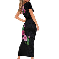 Hawaiian Hibiscus and Art Polynesian Tattoo Family Matching Short Sleeve Bodycon Dress and Hawaiian Shirt Black Color