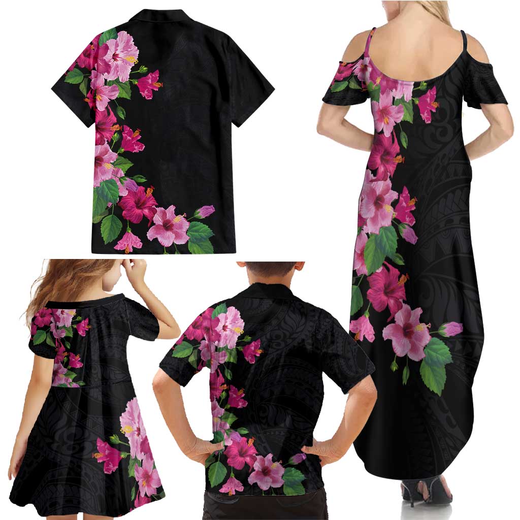 Hawaiian Hibiscus and Art Polynesian Tattoo Family Matching Summer Maxi Dress and Hawaiian Shirt Black Color