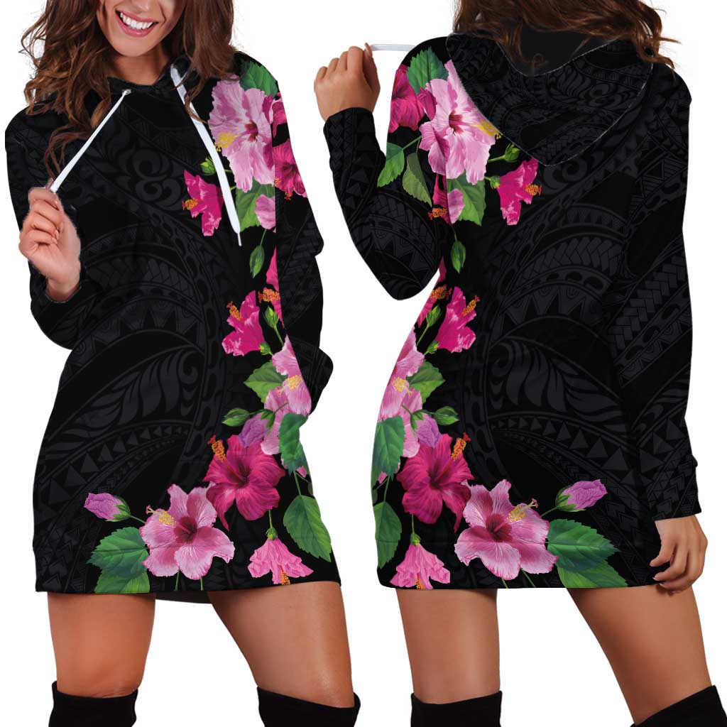 Hawaiian Hibiscus and Art Polynesian Tattoo Hoodie Dress Black Color LT03 - Polynesian Pride