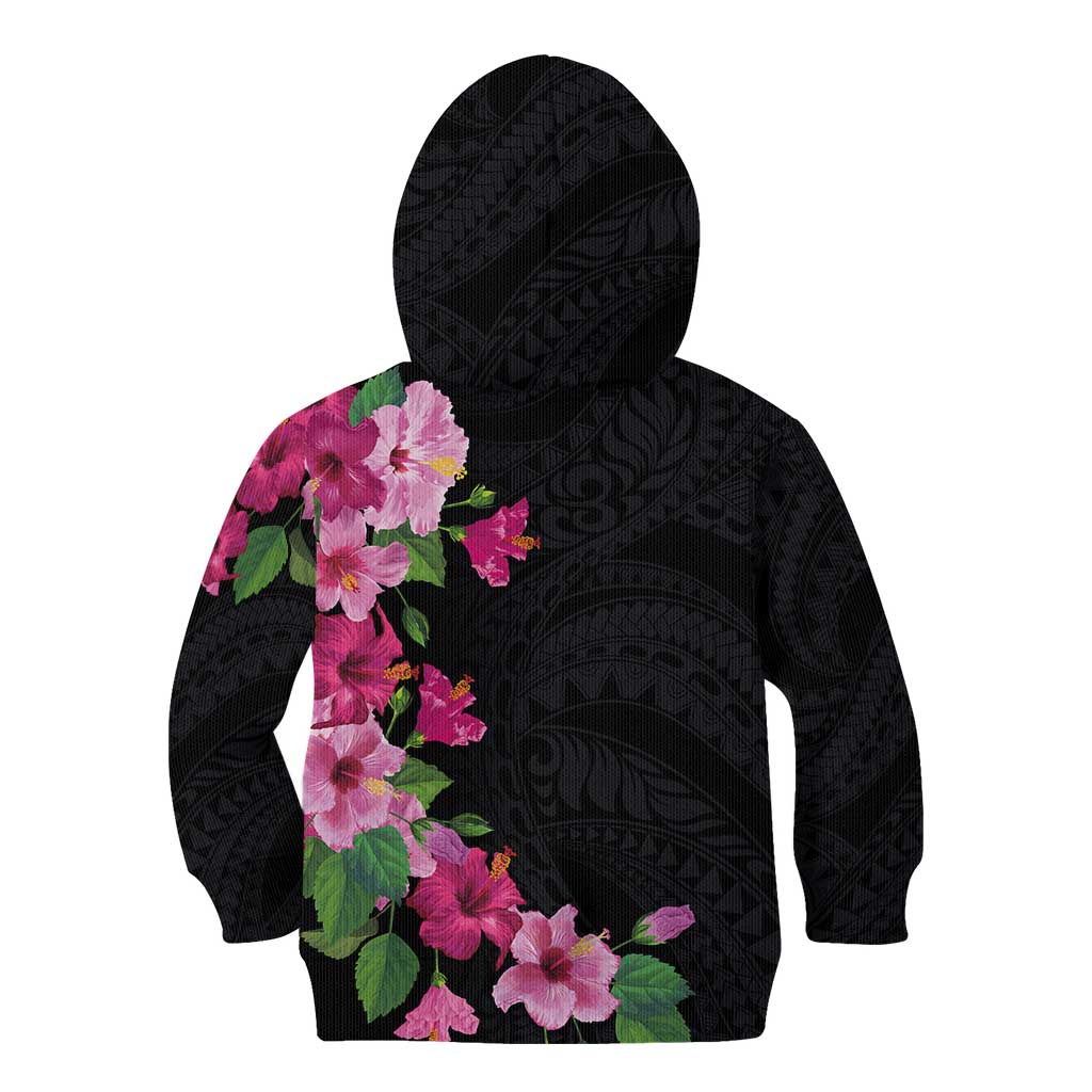 Hawaiian Hibiscus and Art Polynesian Tattoo Kid Hoodie Black Color LT03 - Polynesian Pride
