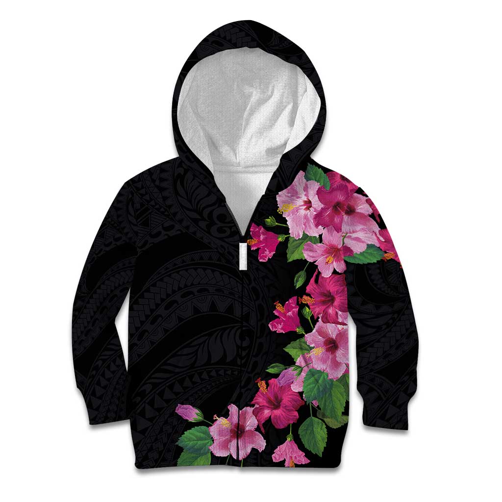 Hawaiian Hibiscus and Art Polynesian Tattoo Kid Hoodie Black Color LT03 Zip Hoodie Black - Polynesian Pride