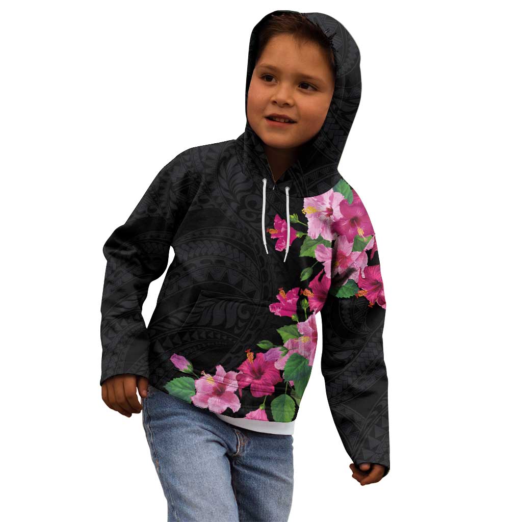 Hawaiian Hibiscus and Art Polynesian Tattoo Kid Hoodie Black Color LT03 - Polynesian Pride