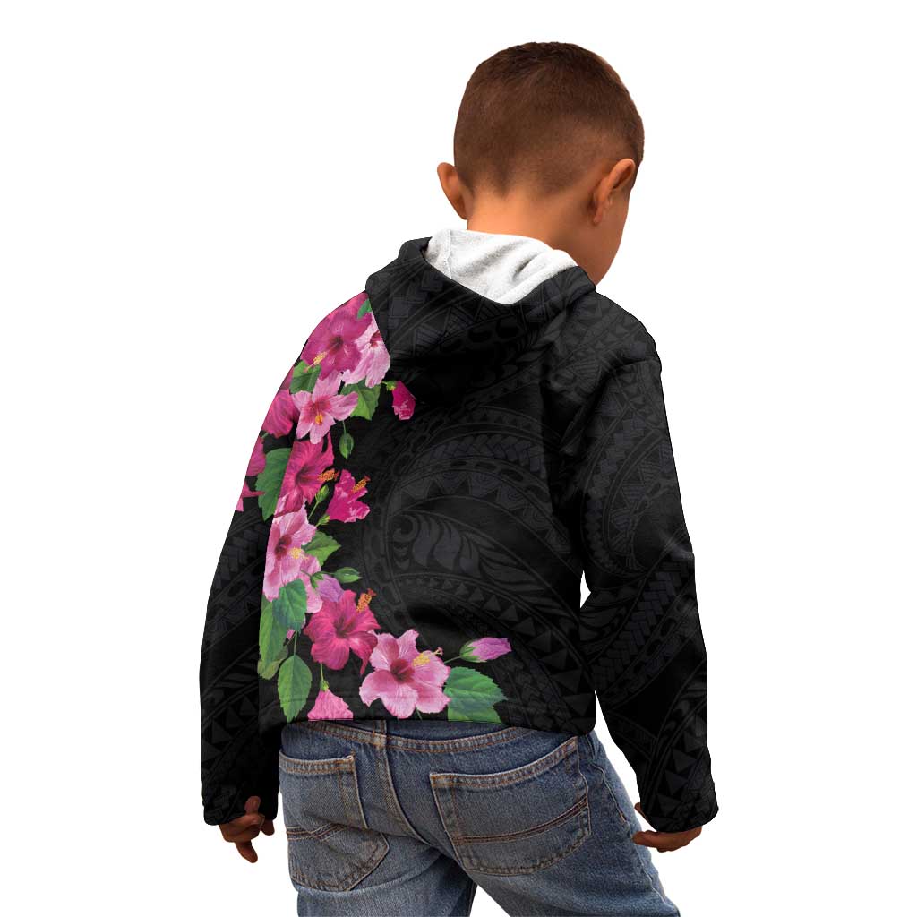Hawaiian Hibiscus and Art Polynesian Tattoo Kid Hoodie Black Color LT03 - Polynesian Pride