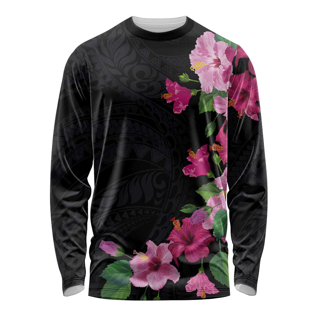 Hawaiian Hibiscus and Art Polynesian Tattoo Long Sleeve Shirt Black Color