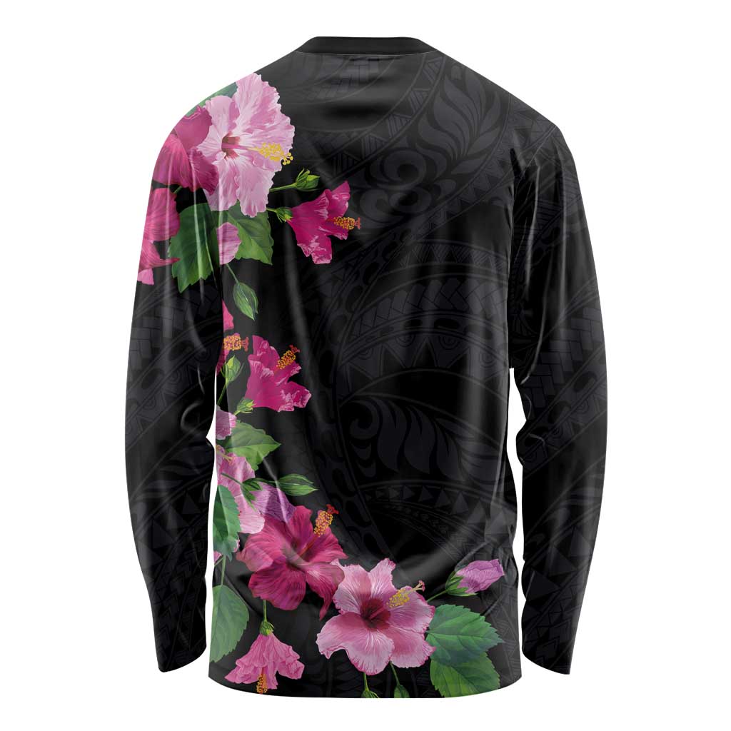 Hawaiian Hibiscus and Art Polynesian Tattoo Long Sleeve Shirt Black Color
