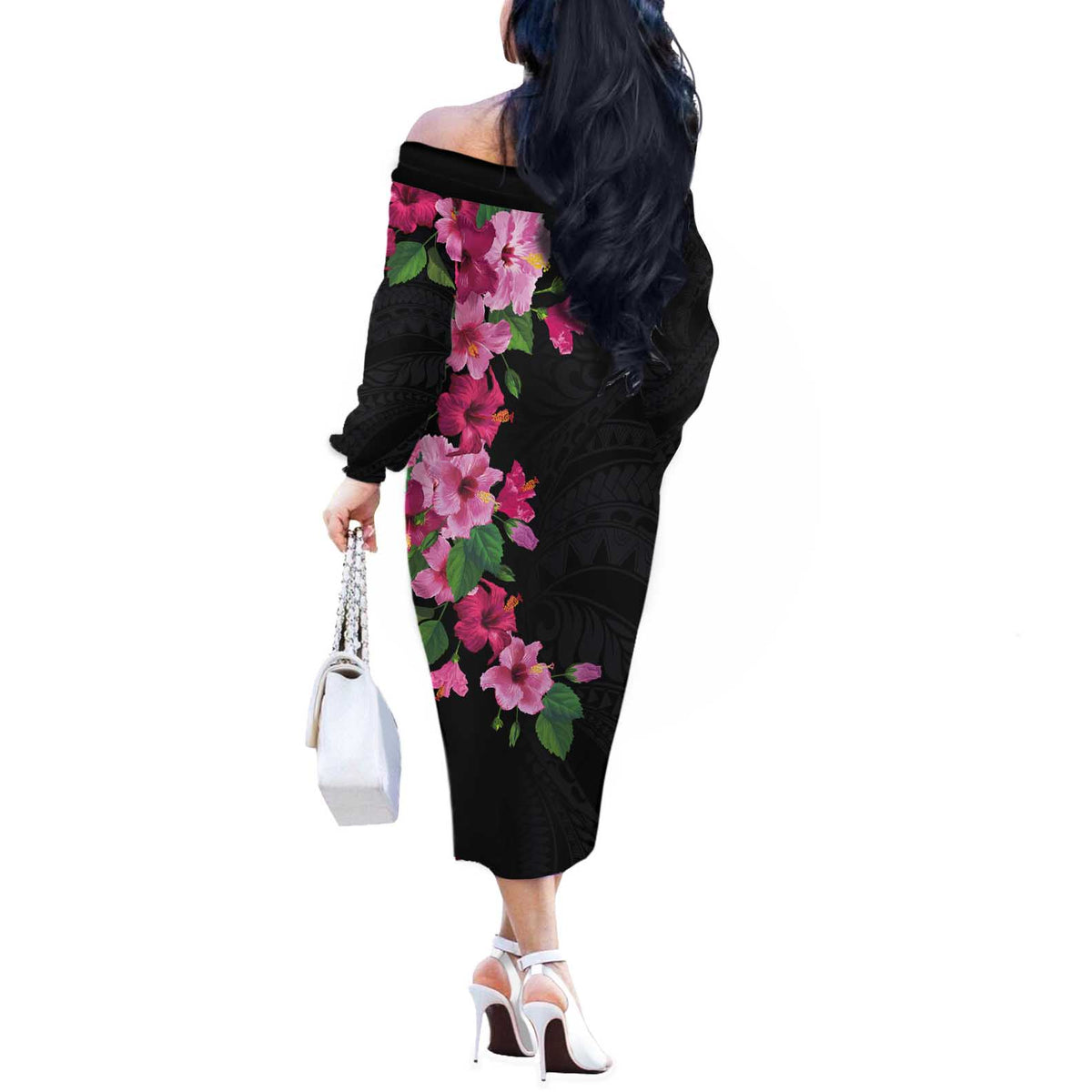 Hawaiian Hibiscus and Art Polynesian Tattoo Off The Shoulder Long Sleeve Dress Black Color LT03 - Polynesian Pride