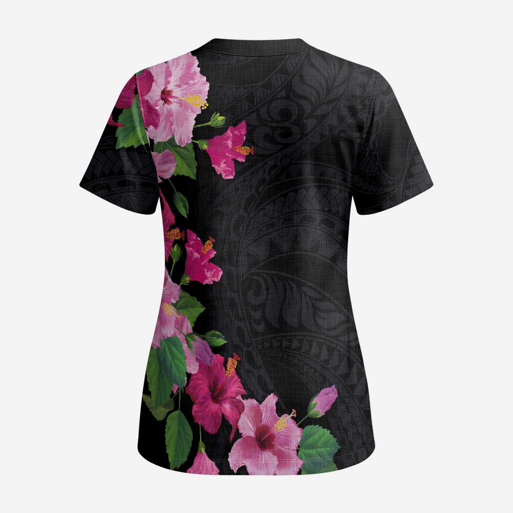 Hawaiian Hibiscus and Art Polynesian Tattoo Scrub Top Black Color - Polynesian Pride