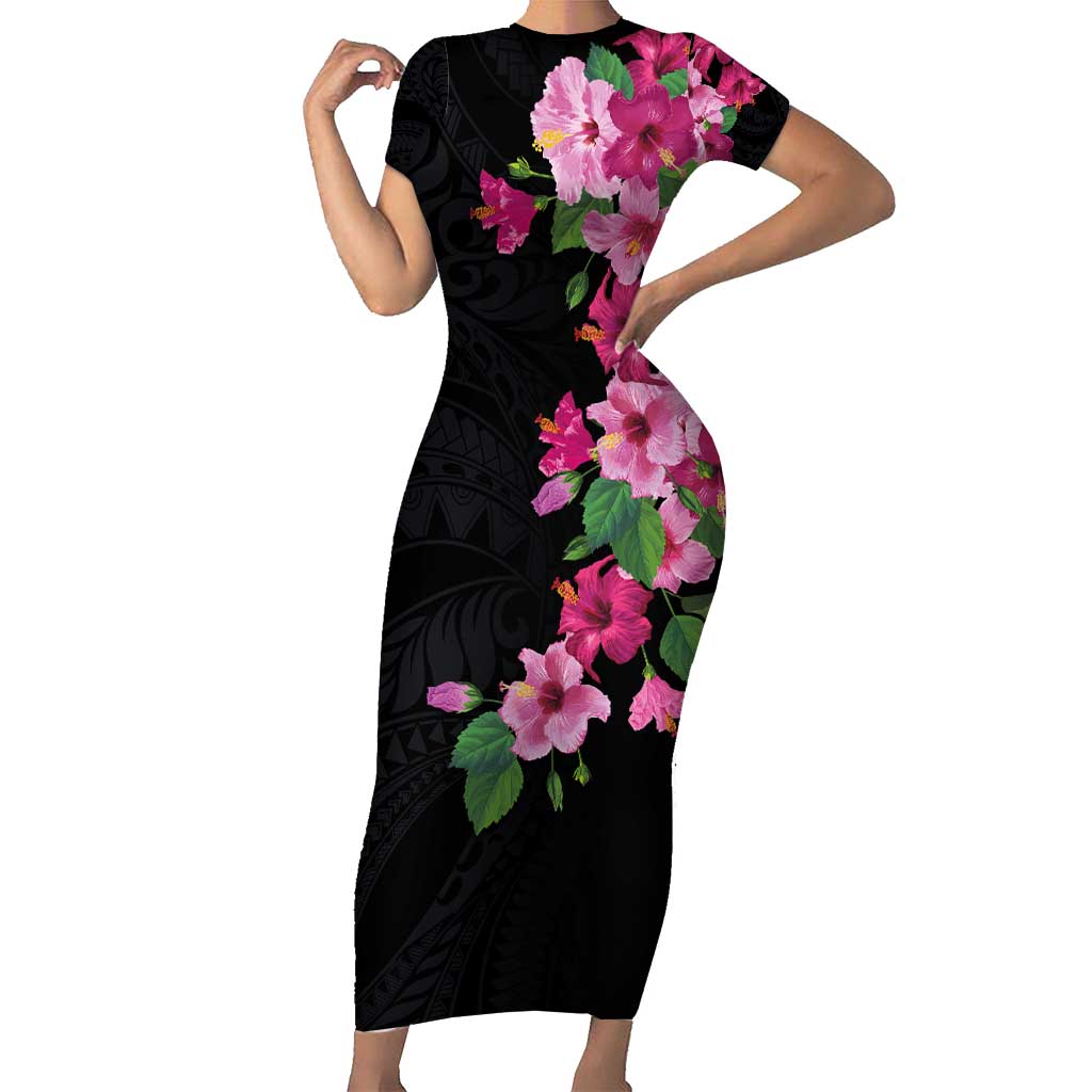 Hawaiian Hibiscus and Art Polynesian Tattoo Short Sleeve Bodycon Dress Black Color LT03 Long Dress Black - Polynesian Pride