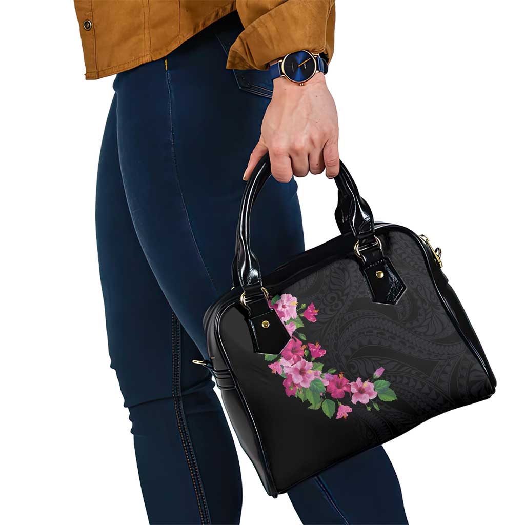 Hawaiian Hibiscus and Art Polynesian Tattoo Shoulder Handbag Black Color