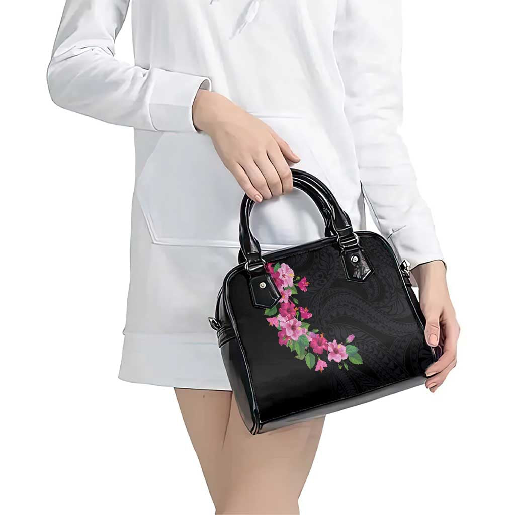 Hawaiian Hibiscus and Art Polynesian Tattoo Shoulder Handbag Black Color