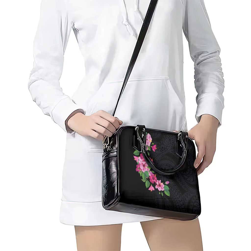Hawaiian Hibiscus and Art Polynesian Tattoo Shoulder Handbag Black Color