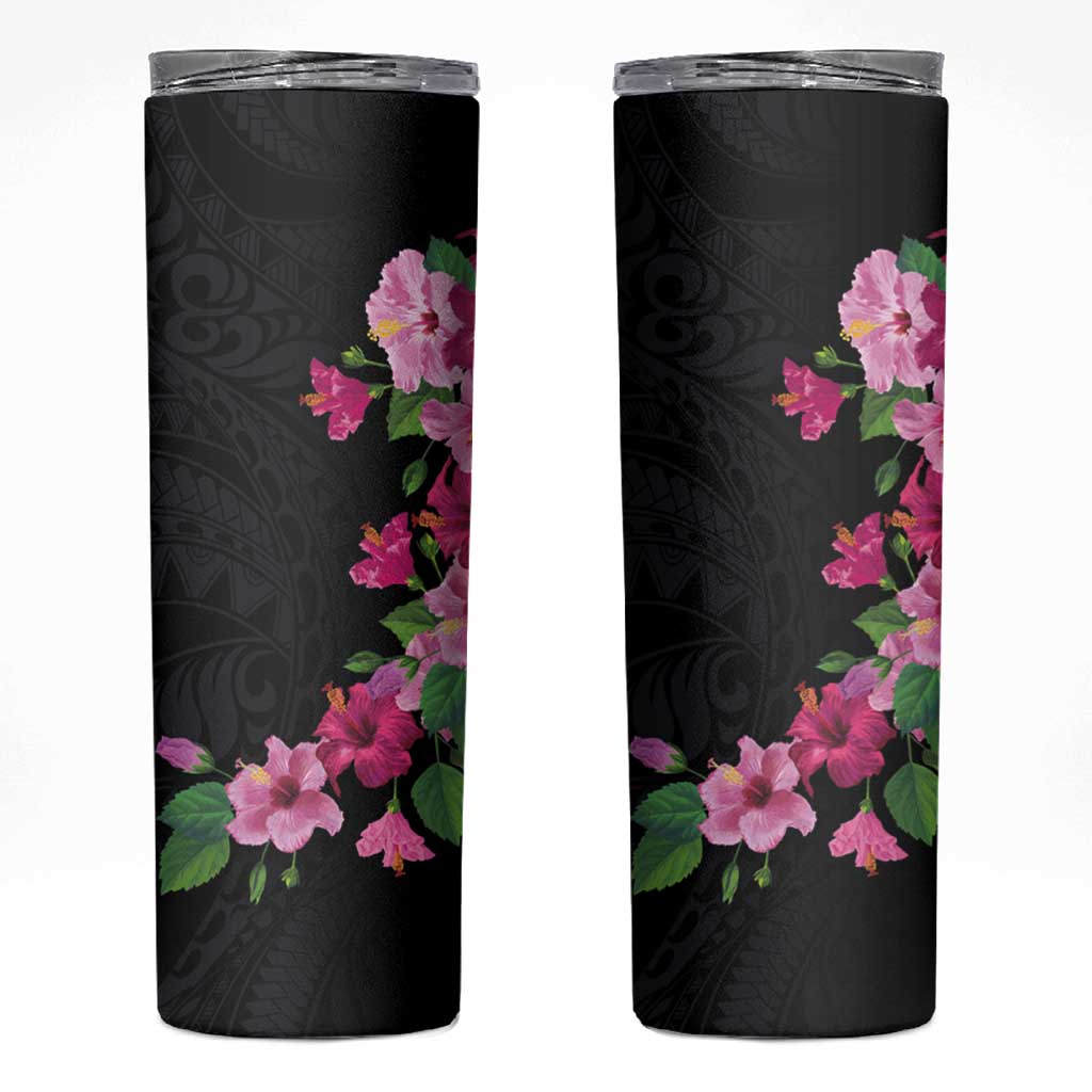 Hawaiian Hibiscus and Art Polynesian Tattoo Skinny Tumbler Black Color LT03 Black - Polynesian Pride