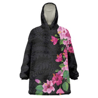 Hawaiian Hibiscus and Art Polynesian Tattoo Wearable Blanket Hoodie Black Color LT03 One Size Black - Polynesian Pride