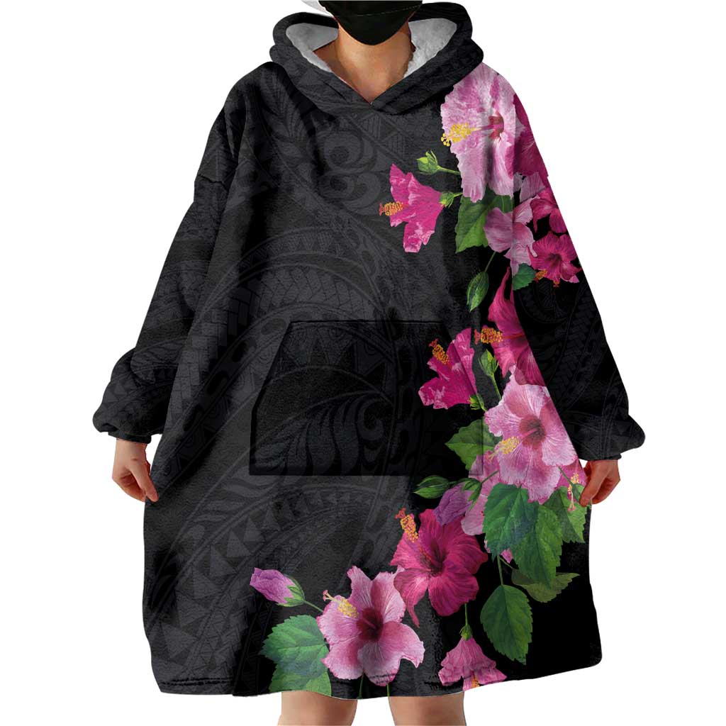 Hawaiian Hibiscus and Art Polynesian Tattoo Wearable Blanket Hoodie Black Color LT03 - Polynesian Pride