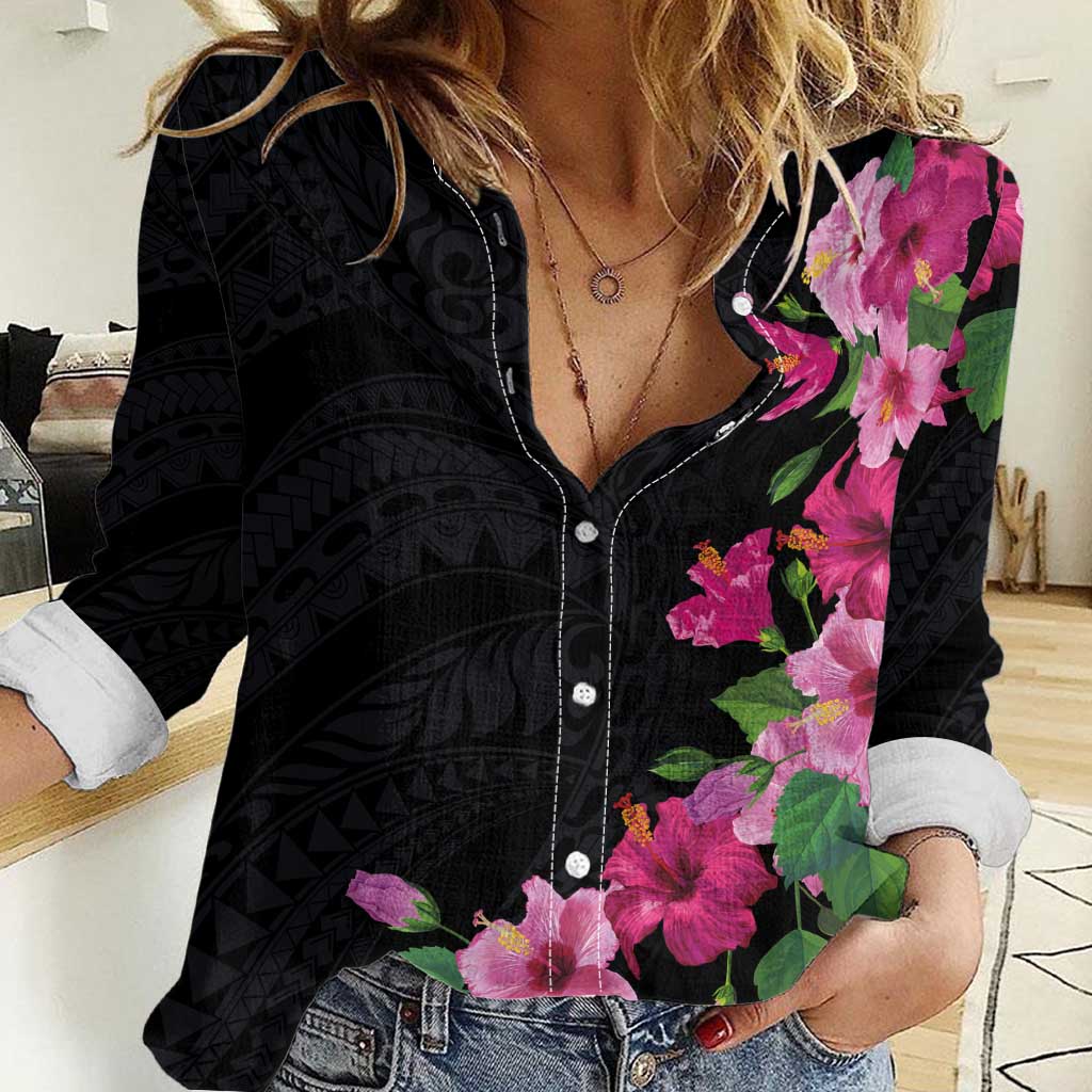 Hawaiian Hibiscus and Art Polynesian Tattoo Women Casual Shirt Black Color LT03 Female Black - Polynesian Pride