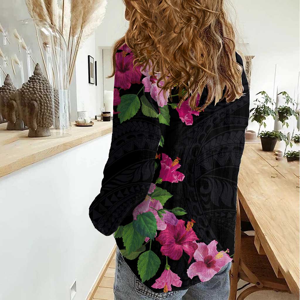 Hawaiian Hibiscus and Art Polynesian Tattoo Women Casual Shirt Black Color LT03 - Polynesian Pride