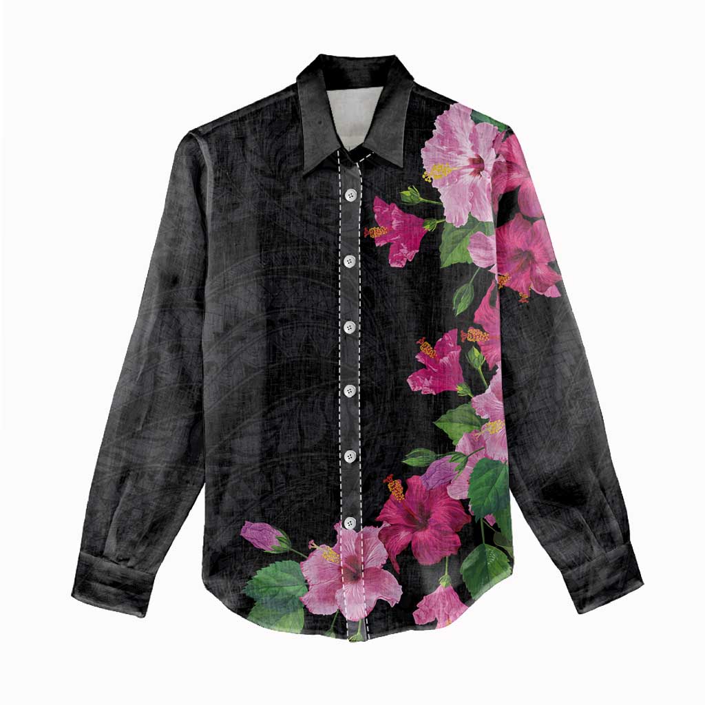 Hawaiian Hibiscus and Art Polynesian Tattoo Women Casual Shirt Black Color LT03 - Polynesian Pride