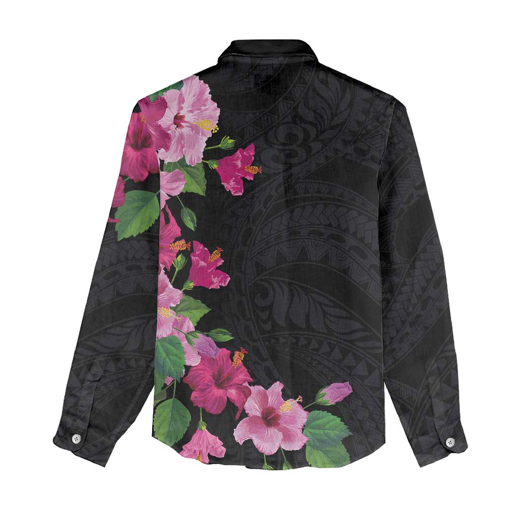 Hawaiian Hibiscus and Art Polynesian Tattoo Women Casual Shirt Black Color LT03 - Polynesian Pride