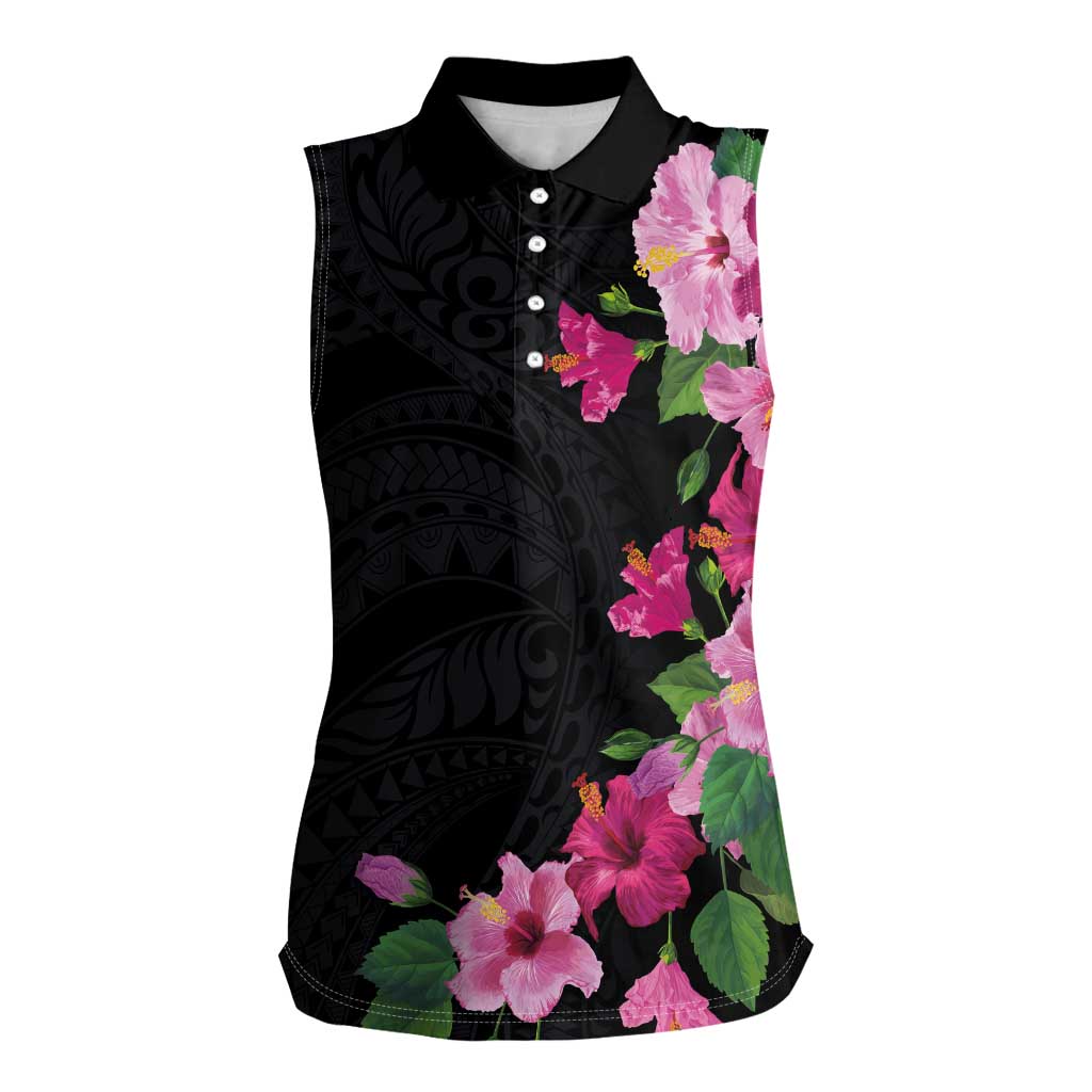 Hawaiian Hibiscus and Art Polynesian Tattoo Women Sleeveless Polo Shirt Black Color LT03 Female Black - Polynesian Pride