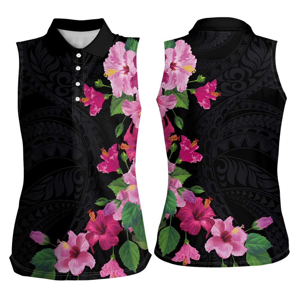 Hawaiian Hibiscus and Art Polynesian Tattoo Women Sleeveless Polo Shirt Black Color LT03 - Polynesian Pride