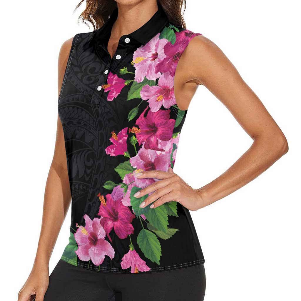 Hawaiian Hibiscus and Art Polynesian Tattoo Women Sleeveless Polo Shirt Black Color LT03 - Polynesian Pride