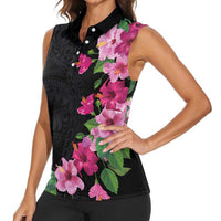 Hawaiian Hibiscus and Art Polynesian Tattoo Women Sleeveless Polo Shirt Black Color LT03 - Polynesian Pride