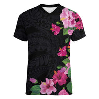 Hawaiian Hibiscus and Art Polynesian Tattoo Women V-Neck T-Shirt Black Color LT03 Female Black - Polynesian Pride