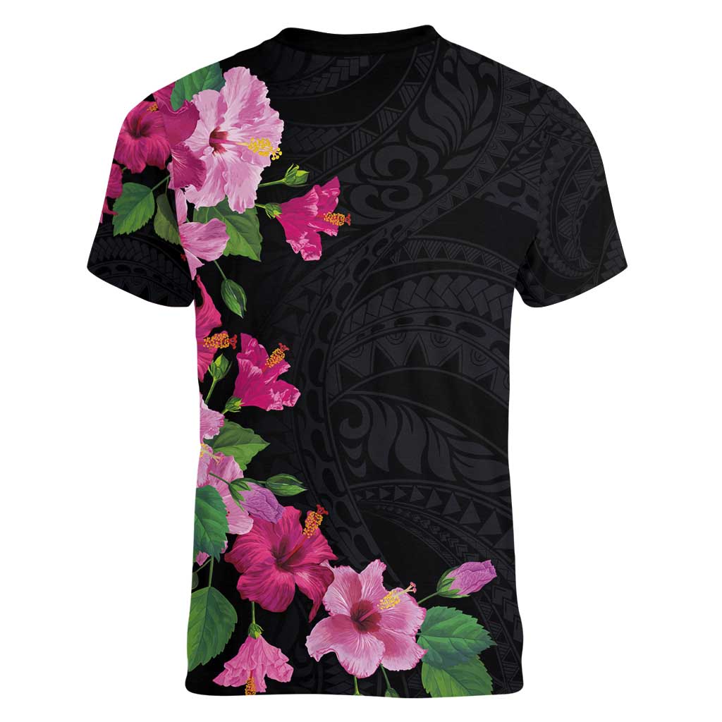 Hawaiian Hibiscus and Art Polynesian Tattoo Women V-Neck T-Shirt Black Color LT03 - Polynesian Pride