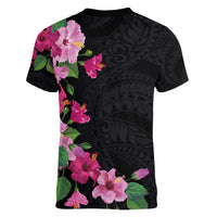 Hawaiian Hibiscus and Art Polynesian Tattoo Women V-Neck T-Shirt Black Color LT03 - Polynesian Pride