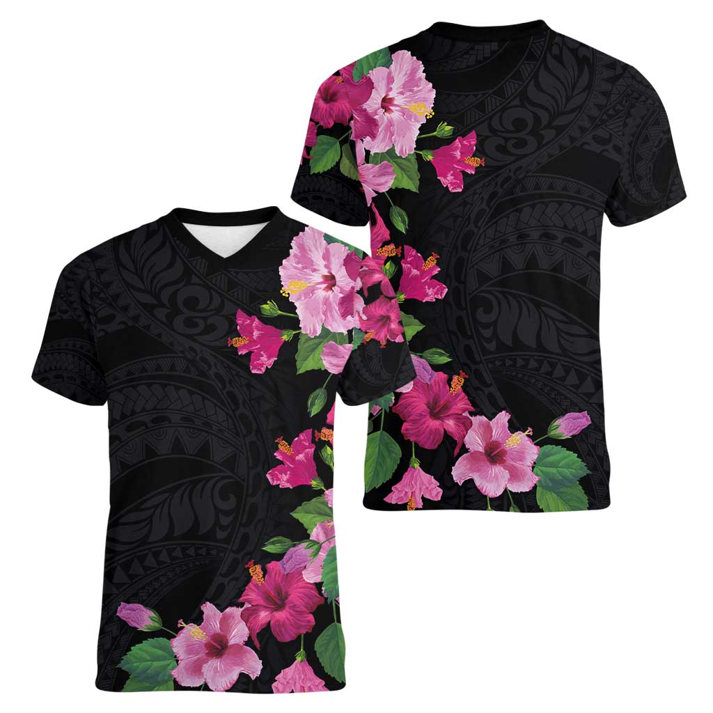 Hawaiian Hibiscus and Art Polynesian Tattoo Women V-Neck T-Shirt Black Color LT03 - Polynesian Pride
