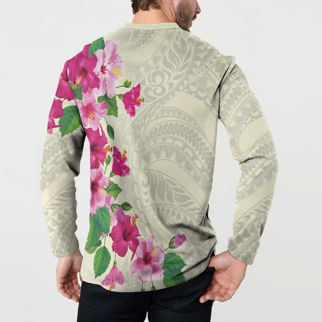 Hawaiian Hibiscus and Art Polynesian Tattoo Button Sweatshirt Beige Color