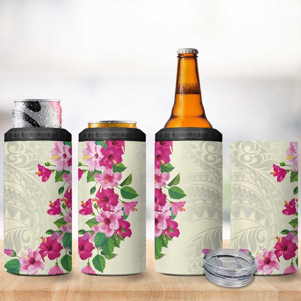 Hawaiian Hibiscus and Art Polynesian Tattoo 4 in 1 Can Cooler Tumbler Beige Color LT03 - Polynesian Pride