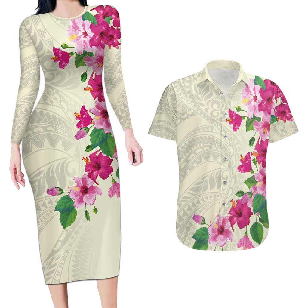 Hawaiian Hibiscus and Art Polynesian Tattoo Couples Matching Long Sleeve Bodycon Dress and Hawaiian Shirt Beige Color