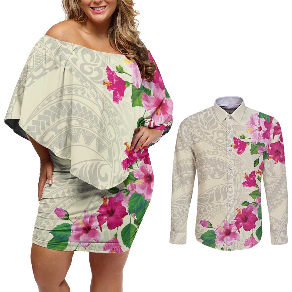 Hawaiian Hibiscus and Art Polynesian Tattoo Couples Matching Off Shoulder Short Dress and Long Sleeve Button Shirt Beige Color
