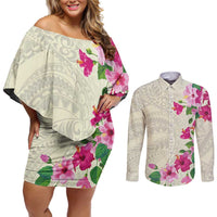Hawaiian Hibiscus and Art Polynesian Tattoo Couples Matching Off Shoulder Short Dress and Long Sleeve Button Shirt Beige Color
