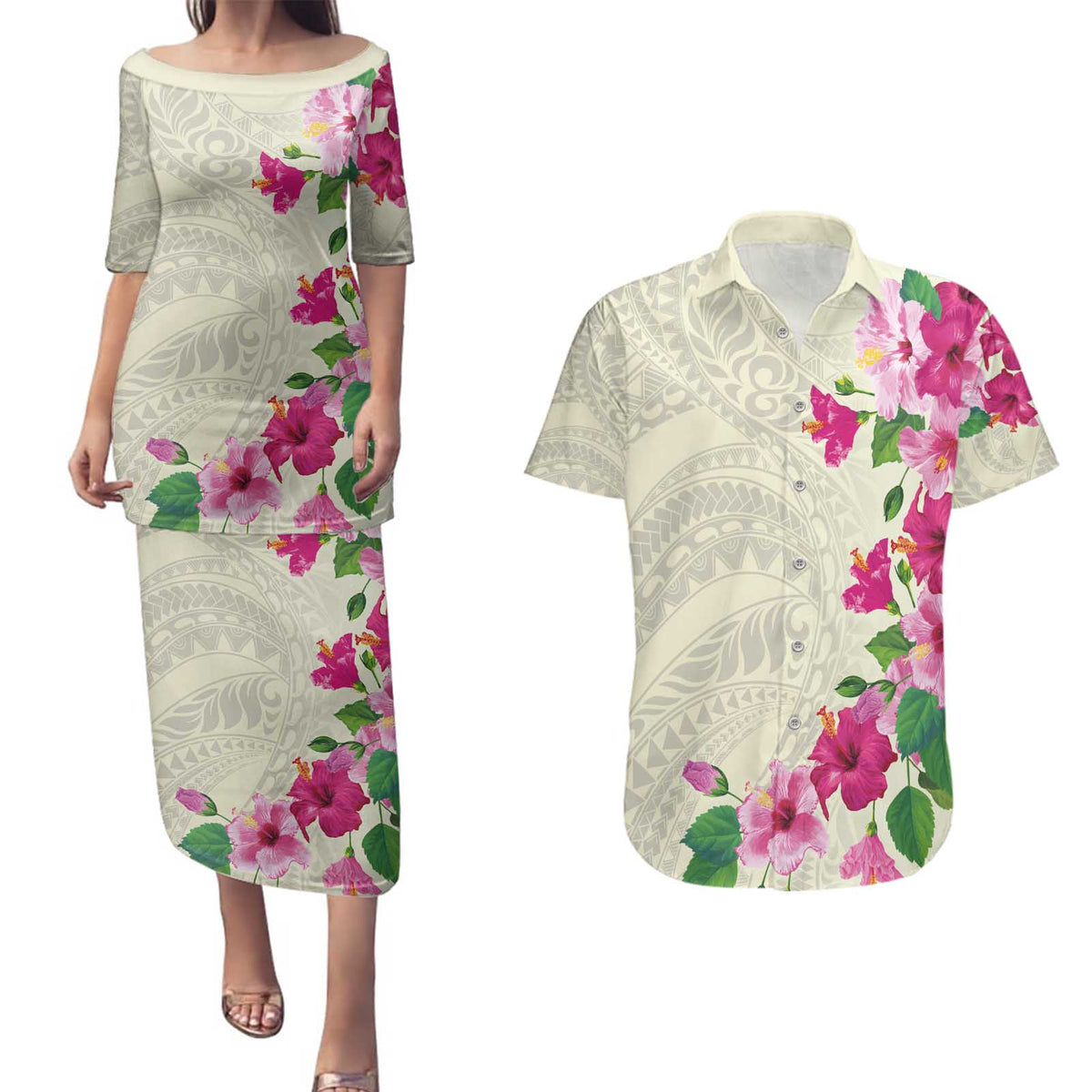 Hawaiian Hibiscus and Art Polynesian Tattoo Couples Matching Puletasi and Hawaiian Shirt Beige Color LT03 Beige - Polynesian Pride
