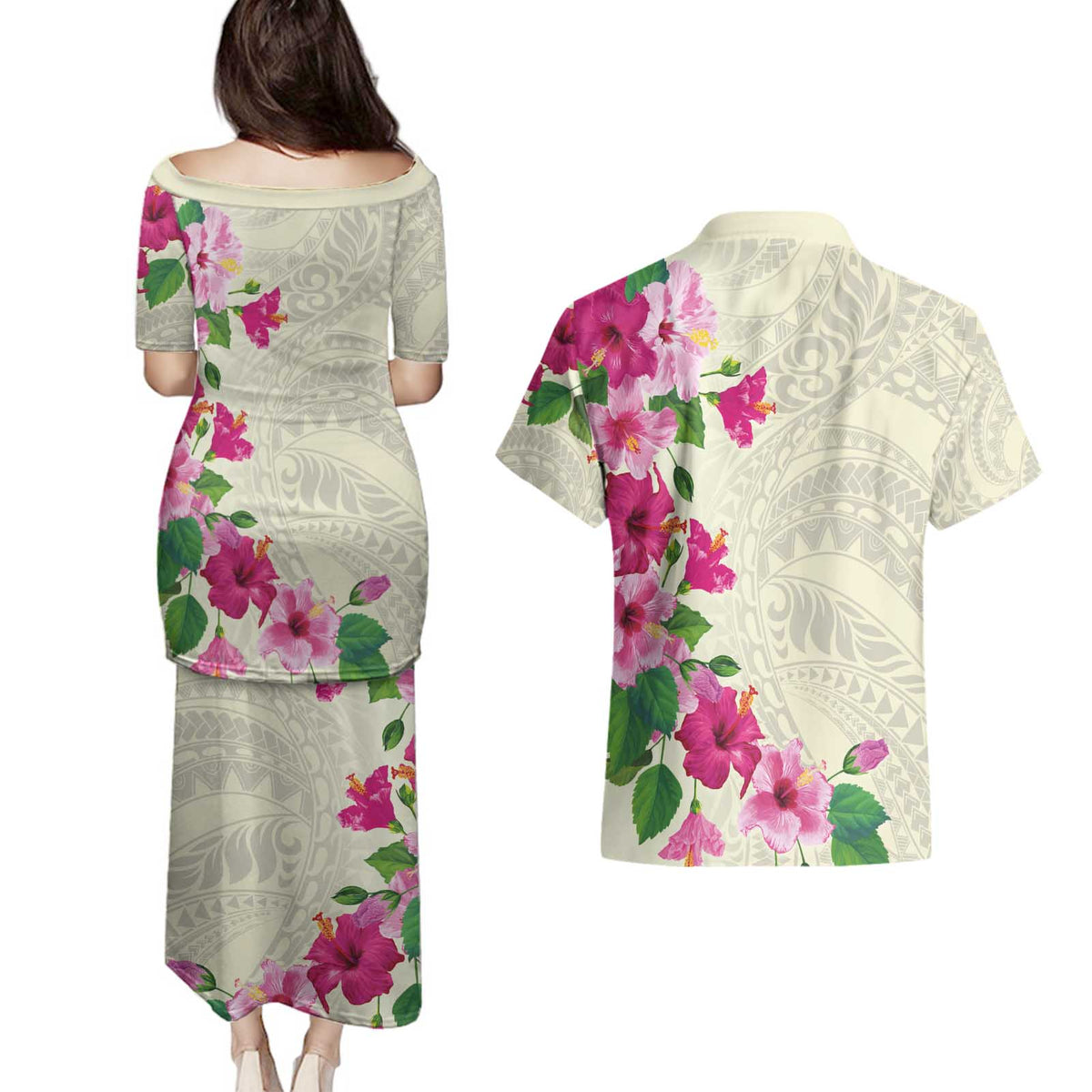 Hawaiian Hibiscus and Art Polynesian Tattoo Couples Matching Puletasi and Hawaiian Shirt Beige Color LT03 - Polynesian Pride