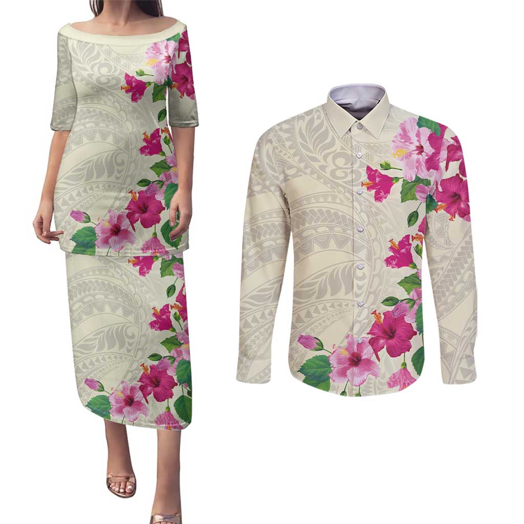Hawaiian Hibiscus and Art Polynesian Tattoo Couples Matching Puletasi and Long Sleeve Button Shirt Beige Color LT03 Beige - Polynesian Pride