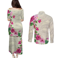 Hawaiian Hibiscus and Art Polynesian Tattoo Couples Matching Puletasi and Long Sleeve Button Shirt Beige Color LT03 - Polynesian Pride